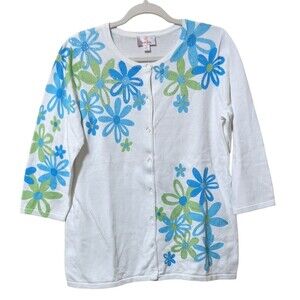 NWT Quacker Factory whimsical floral print rhinestone cotton cardigan size Med